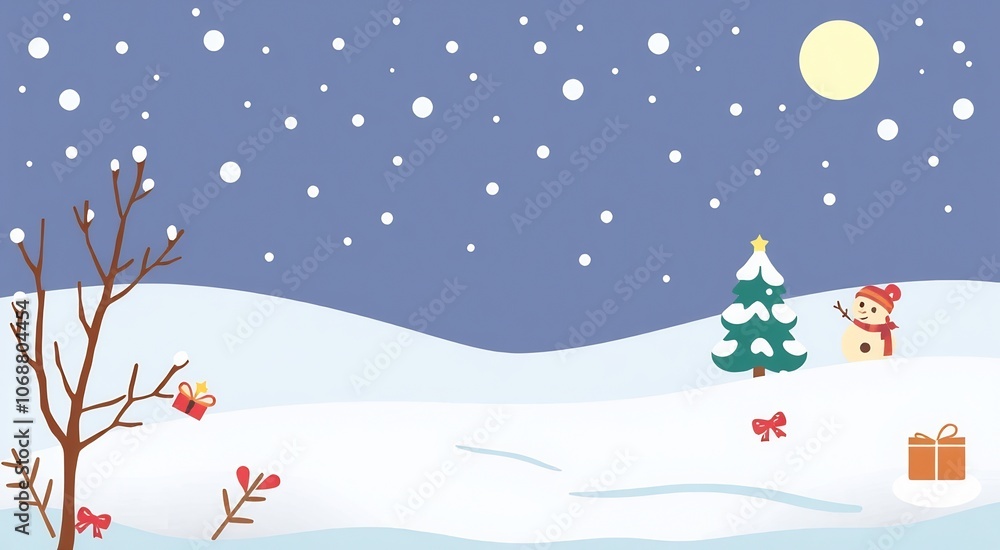 A snowman stands near a Christmas tree in a snowy landscape under a full moon. A snowman stands near a Christmas tree in a snowy landscape under a full moon.