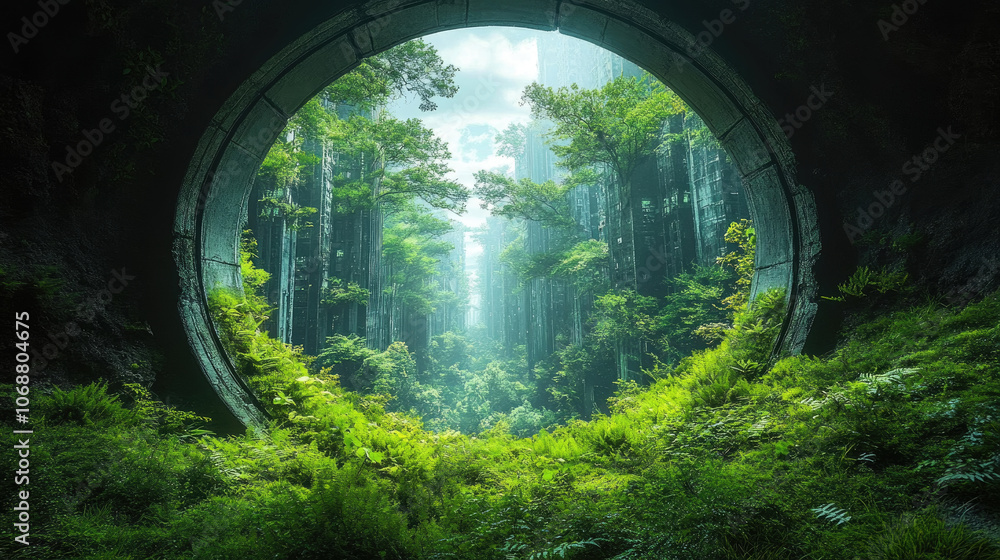 Obraz premium The view through a circular stone structure reveals a serene forest filled with lush greenery and dappled sunlight, evoking peace and tranquility
