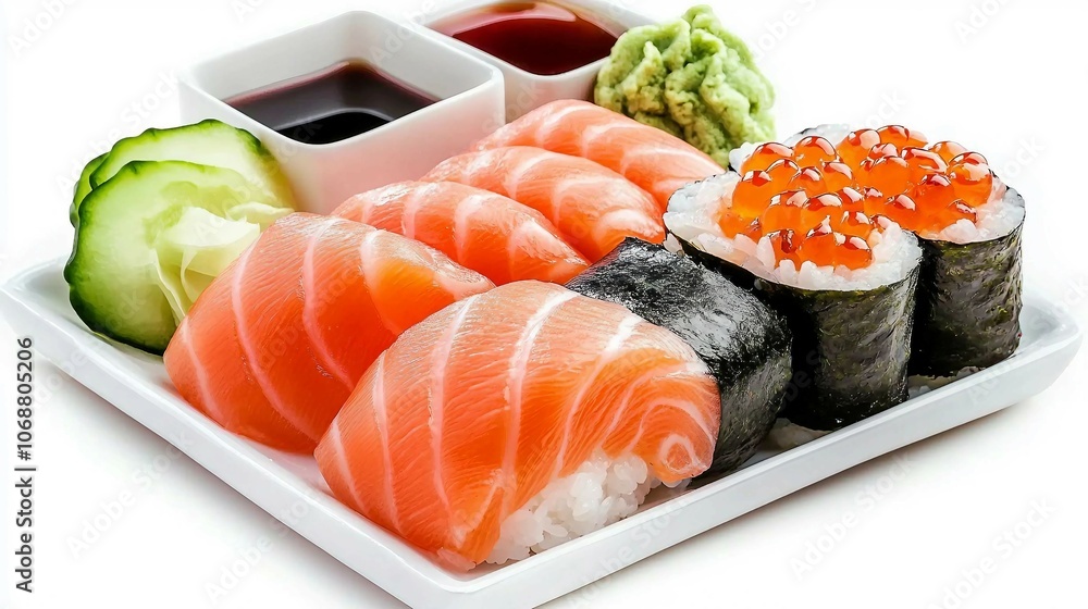 Delicious Salmon Sushi Platter with Condiments Delicious Salmon Sushi Platter with Condiments