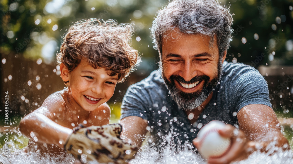 Fototapeta premium Grandfather and grandson share laughter and fun as they splash water in a sunny backyard, creating cherished summer memories together