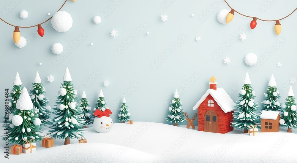 Festive winter scene with a snowman, red house, and snow-covered trees. Festive winter scene with a snowman, red house, and snow-covered trees.