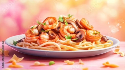 Delicious plate of simple pasta topped with sauteed mushrooms and shrimp perfect for a quick weeknight dinner photo