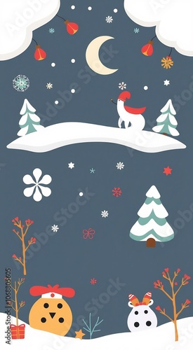 Cute snowmen standing in a snowy winter scene with a crescent moon, snowflakes and trees.