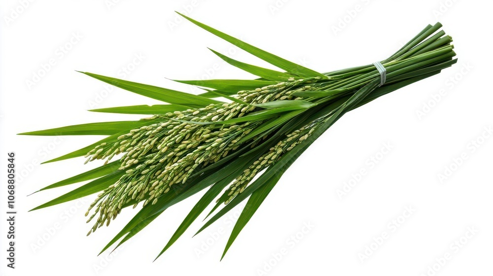 Fototapeta premium Fresh green rice plant bundle on white isolated background.