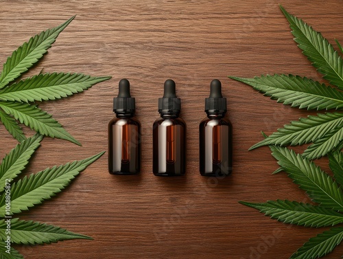 Three bottles of cannabis oil are arranged on a wooden surface, surrounded by green leaves, suggesting a natural or wellness theme.