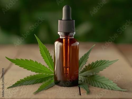 A brown dropper bottle sits on a wooden surface, surrounded by green cannabis leaves, suggesting a focus on herbal remedies or CBD oil products.