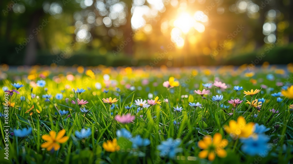 Fototapeta premium Detailed close-up of green grass with the background garden softly out of focus, showcasing tall trees and colorful flowers that create a tranquil and natural environment.
