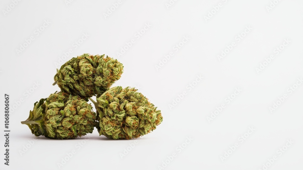Fototapeta premium Three cannabis buds arranged neatly on a clean, white background, emphasizing their vibrant green color and unique textures.