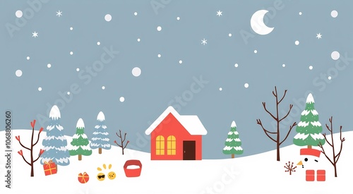 A snowy winter scene with a red house, a snowman, and a crescent moon in the sky.