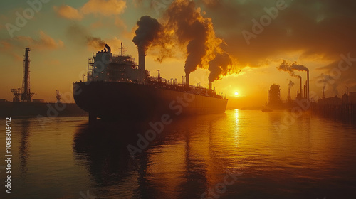 A cargo ship navigates tranquil waters at sunset, with industrial smokestacks releasing plumes into a glowing sky filled with hues of orange