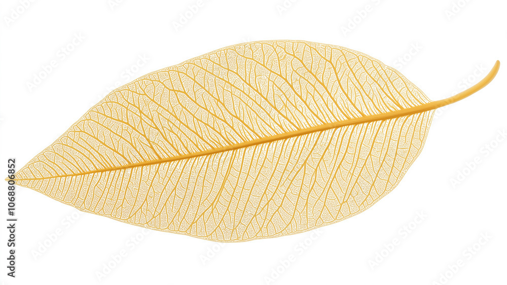 A golden leaf displays detailed vein patterns against a white backdrop A golden leaf displays detailed vein patterns against a white backdrop