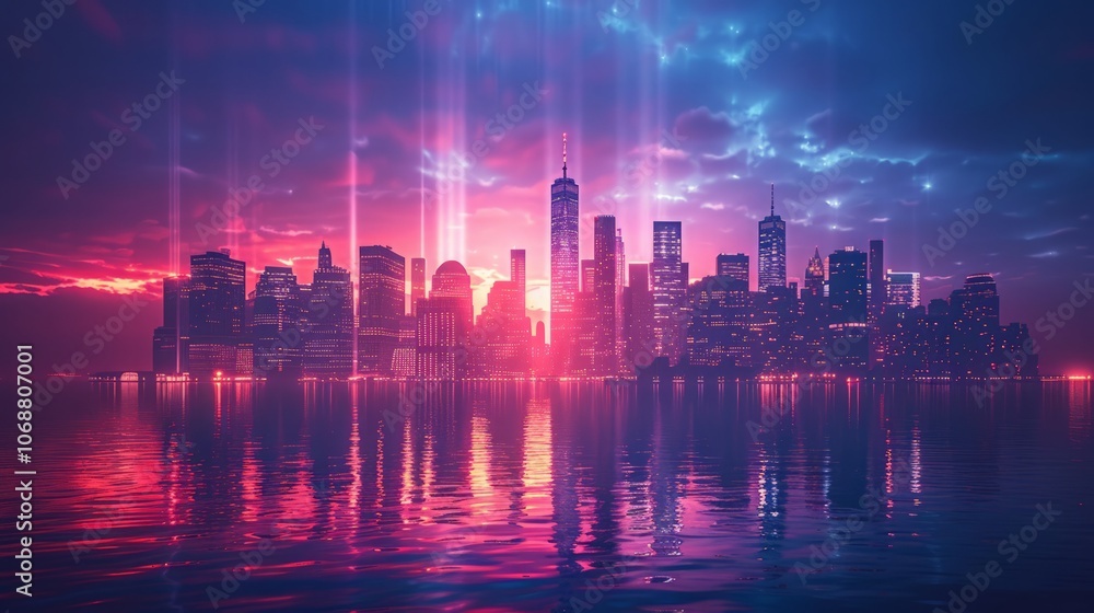 Obraz premium Rendered skyline lit by beams of light, honoring Patriot Day, set against a reflective, colorful background