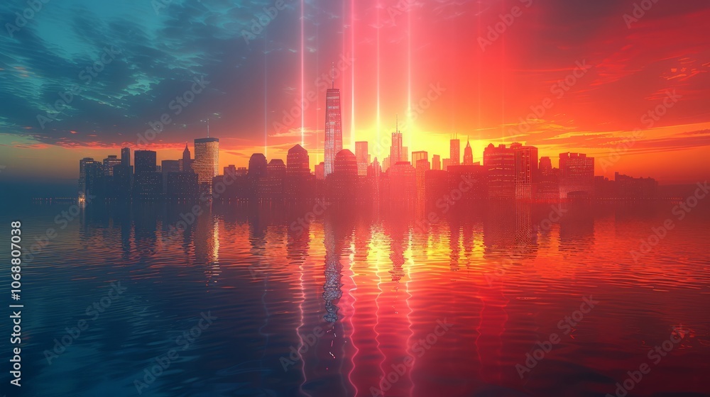 Rendered skyline lit by beams of light, honoring Patriot Day, set against a reflective, colorful background Rendered skyline lit by beams of light, honoring Patriot Day, set against a reflective, colorful background