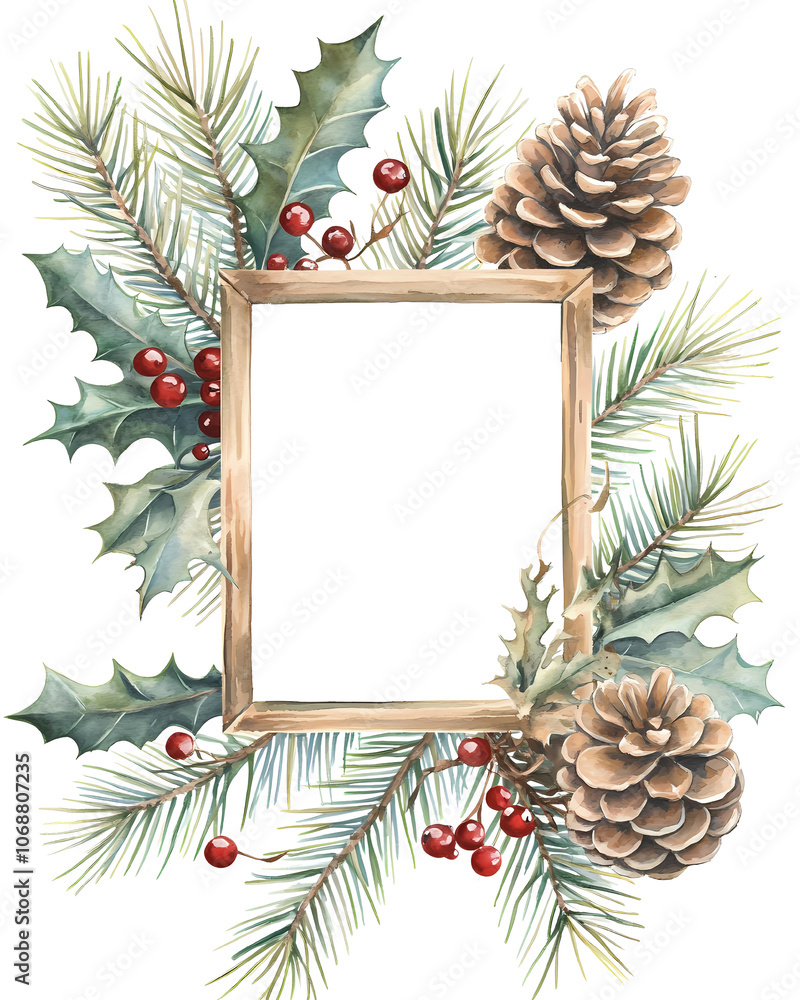 Christmas Frame with Pinecones and Holly Berries Christmas Frame with Pinecones and Holly Berries