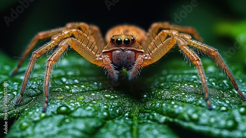 A close-up shot of a spider on a green leaf with dew drops.