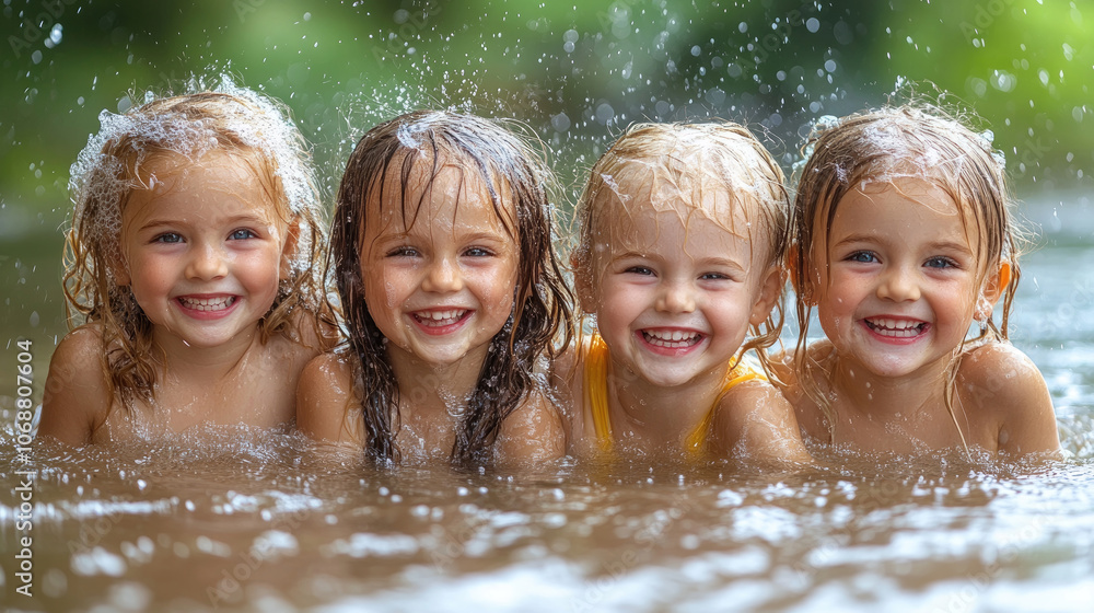 Obraz premium Joyful children enjoy splashing in water, displaying vibrant smiles while playing in a shallow pool on a bright day