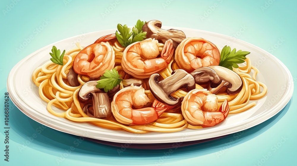 Delicious plate of simple pasta topped with sauteed mushrooms and shrimp perfect for a quick weeknight dinner Delicious plate of simple pasta topped with sauteed mushrooms and shrimp perfect for a quick weeknight dinner