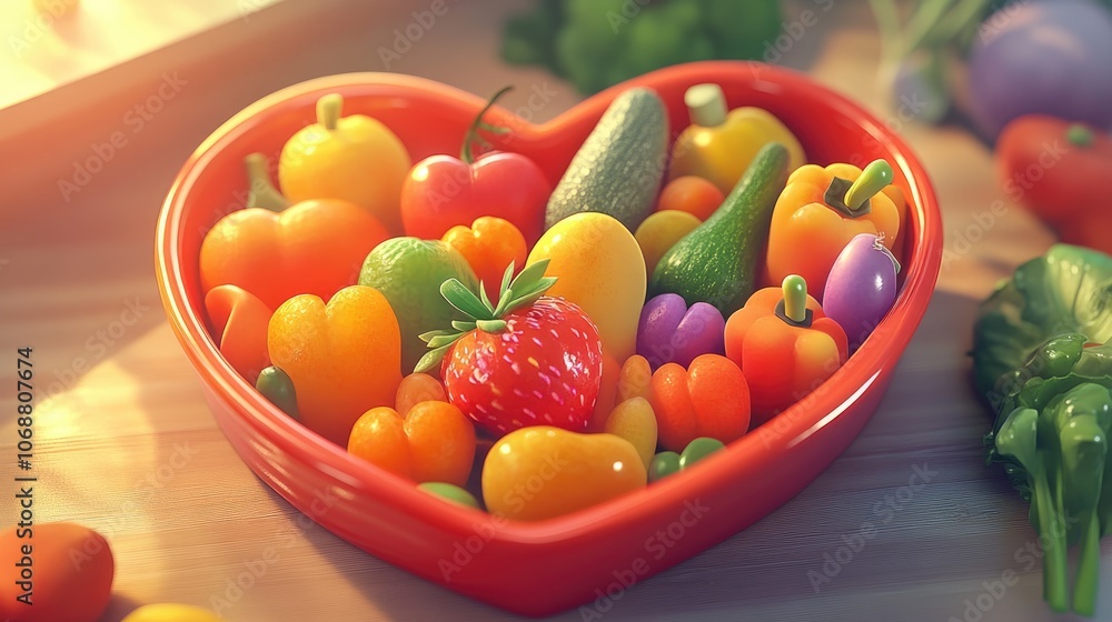 Colorful heart shaped dish filled with fresh fruits and vegetables promoting heart health and nutrition wellness Colorful heart shaped dish filled with fresh fruits and vegetables promoting heart health and nutrition wellness