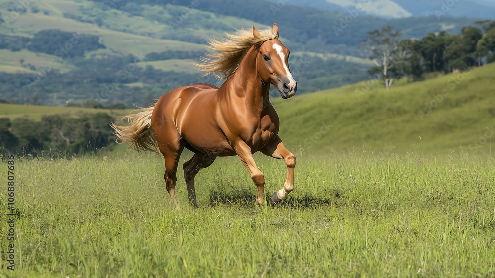 A brown horse running on green field with mountain background. A brown horse running on green field with mountain background.