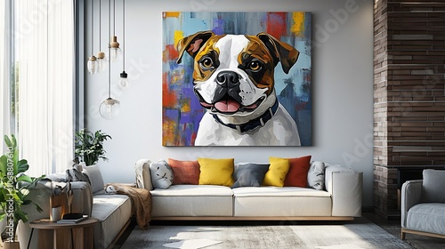 A colorful painting of a happy dog hanging on a wall in a living room, featuring a couch, plants, and a brick wall. photo