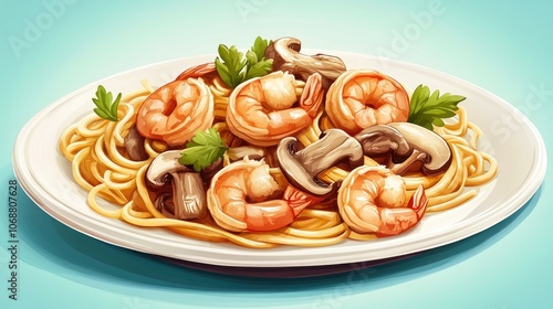 Delicious plate of simple pasta topped with sauteed mushrooms and shrimp perfect for a quick weeknight dinner photo