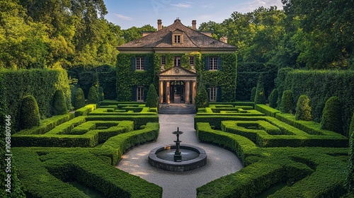 Beautiful Manor House with Fountain and Hedge Maze in Circular Driveway photo