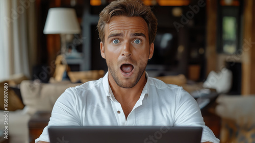 An extremely shocked man stares wide-eyed at his laptop screen, taken aback by surprising information in a comfortable living space photo