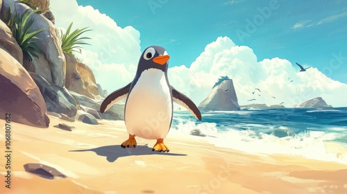 Walking penguin waddling along a sandy beach capturing the essence of coastal wildlife