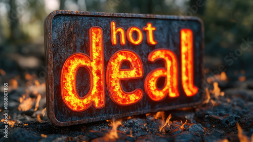 A vibrant 'hot deal' sign emits a fiery glow, set against a dramatic forest backdrop, capturing the thrilling essence of a limited-time offer