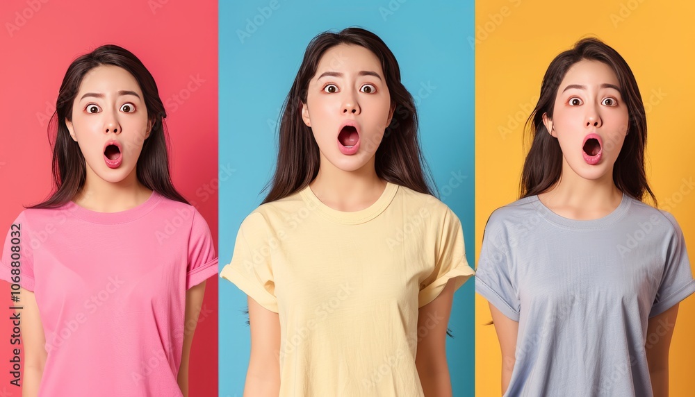 Emotions Unleashed: Asian Woman's Expressive Face on Colorful Background Emotions Unleashed: Asian Woman's Expressive Face on Colorful Background
