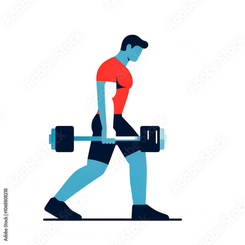 Isolated vector illustration of a person exercising and building muscles using a barbell on a white background. photo