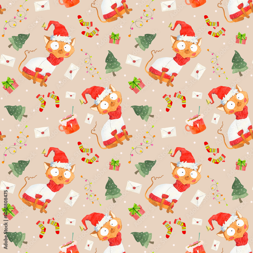 Naklejka premium Watercolor Christmas pattern with cats in festive hats and scarves