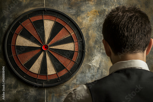 Focused man aiming at a classic dartboard, symbolizing concentration, precision, and goals, perfect for themes of strategy, success, and motivation in personal or professional contexts