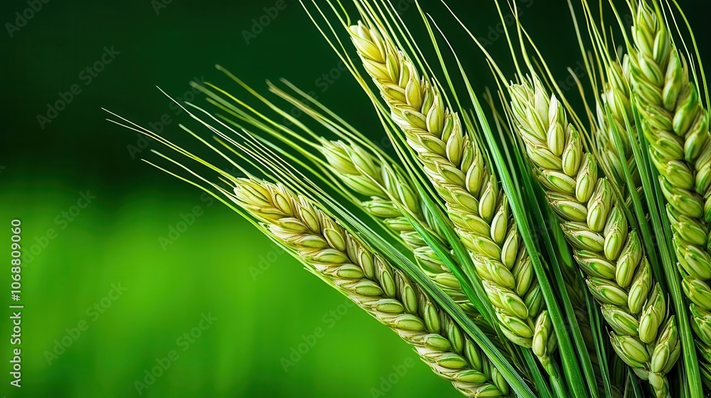 Close-up of fresh green wheat ears against a blurred green background. Close-up of fresh green wheat ears against a blurred green background.