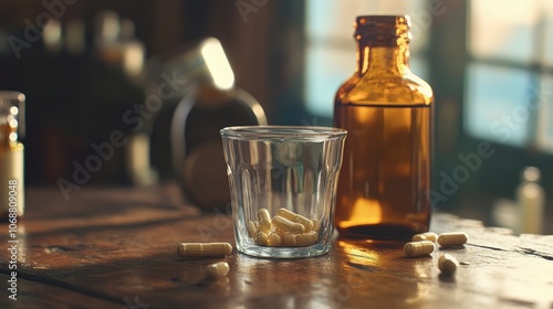 Capsule and glass beside a bottle with liquid being poured onto a wooden table photo