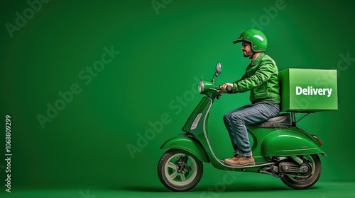 Green Delivery Scooter: A delivery driver on a green scooter, wearing a green jacket and helmet, drives towards the right side of the frame, with a box labeled 