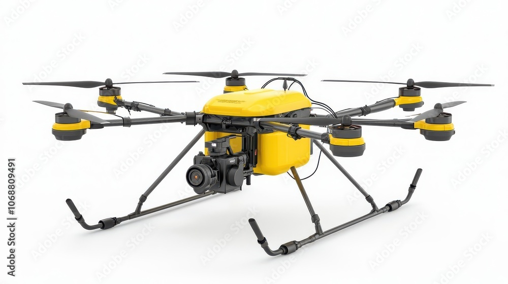 Yellow drone with four rotors, sleek design, white isolate background. Yellow drone with four rotors, sleek design, white isolate background.
