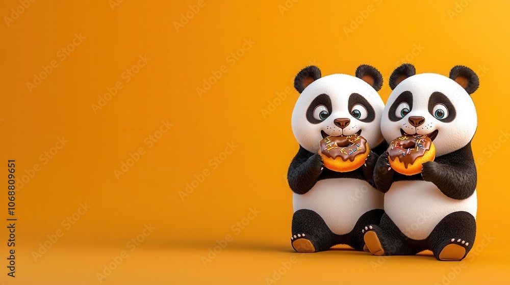 Two cute pandas happily enjoying doughnuts on a vibrant orange background. Two cute pandas happily enjoying doughnuts on a vibrant orange background.