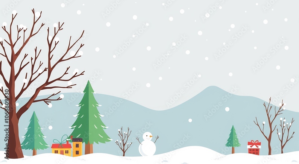 Snowy Winter Landscape with a Snowman and Christmas Presents. Snowy Winter Landscape with a Snowman and Christmas Presents.