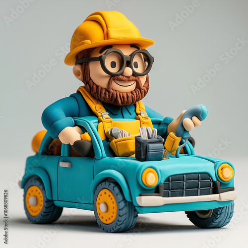 A cartoon man in a blue construction hat is driving a blue car. The car is decorated with tools and has a wrench on the dashboard. The man is smiling and he is enjoying his time driving the car photo