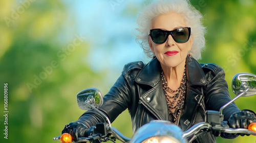 confident older woman riding motorcycle, wearing sunglasses and leather jacket, exuding sense of freedom and adventure. Her stylish look and bold attitude are inspiring photo