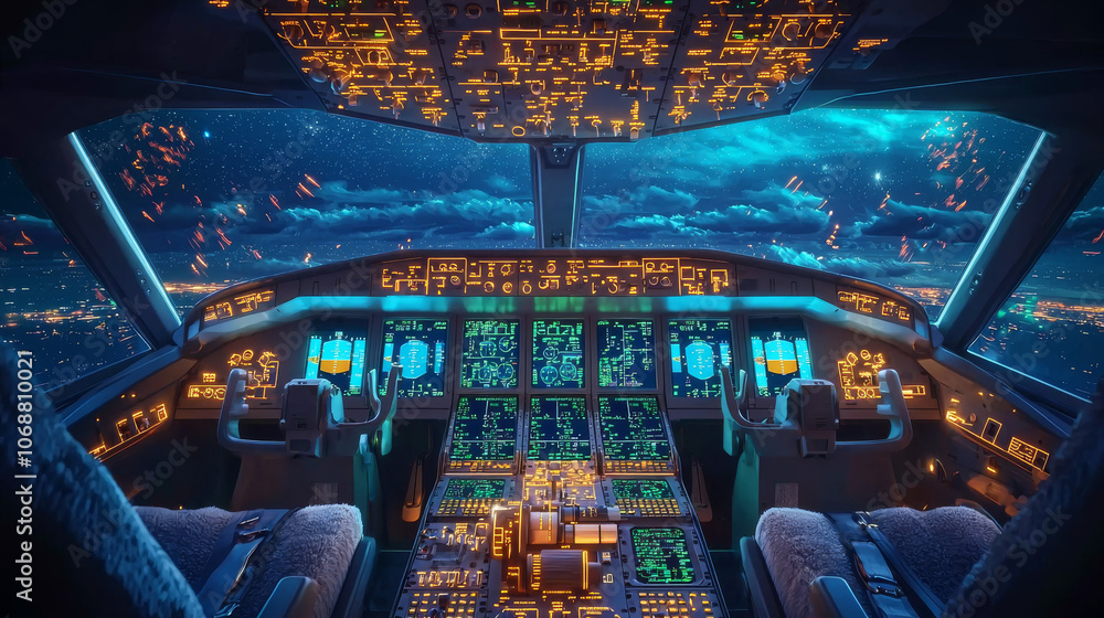 Fototapeta premium “Aviation Innovation: Cockpit Glow at Midnight”
