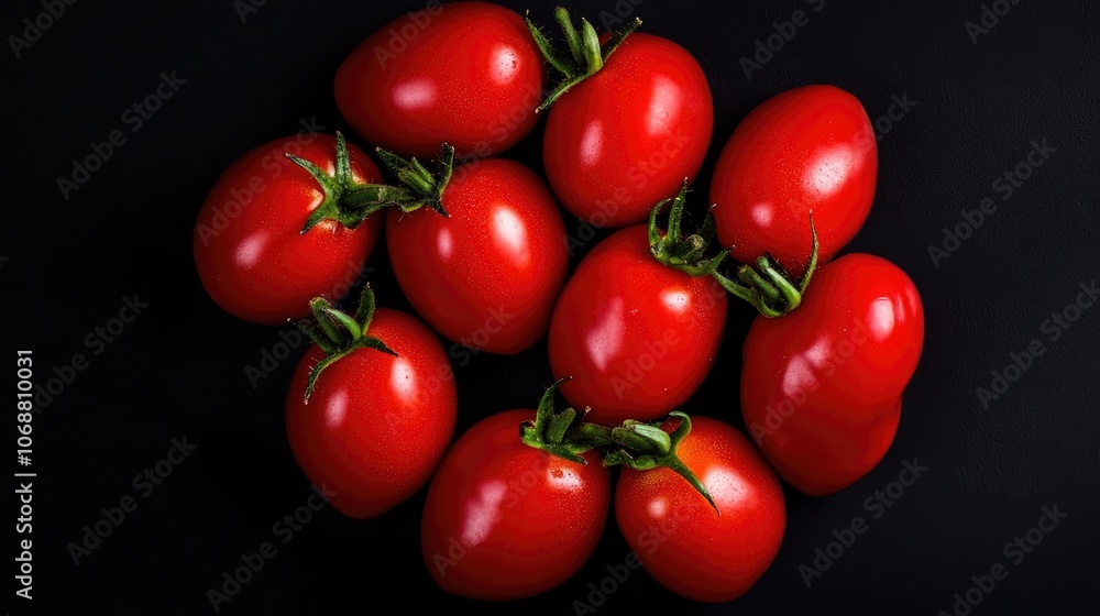 Bunch of small ripe red Roma or plum cocktail tomatoes viewed from above Bunch of small ripe red Roma or plum cocktail tomatoes viewed from above