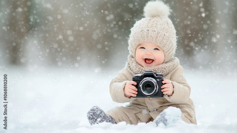 joyful baby in cozy winter outfit sits in snow, holding camera. scene captures essence of winter fun and innocence, with snowflakes gently falling around joyful baby in cozy winter outfit sits in snow, holding camera. scene captures essence of winter fun and innocence, with snowflakes gently falling around