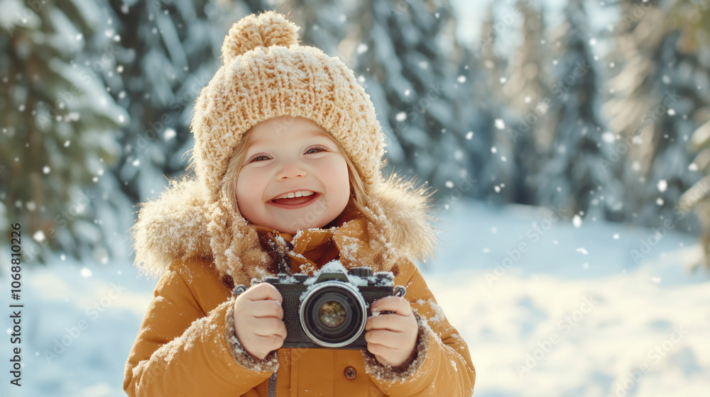 joyful child in cozy winter outfit holds camera, surrounded by snowflakes in beautiful snowy landscape. scene captures essence of winter fun and adventure joyful child in cozy winter outfit holds camera, surrounded by snowflakes in beautiful snowy landscape. scene captures essence of winter fun and adventure