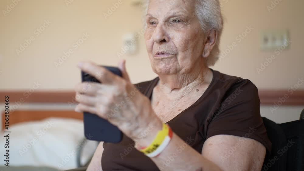 An elderly woman with gray hair has video chat with family, friends, or doctor, sitting in a hospital room and holds a smartphone in her hand, looking intently at the screen. An elderly woman with gray hair has video chat with family, friends, or doctor, sitting in a hospital room and holds a smartphone in her hand, looking intently at the screen.