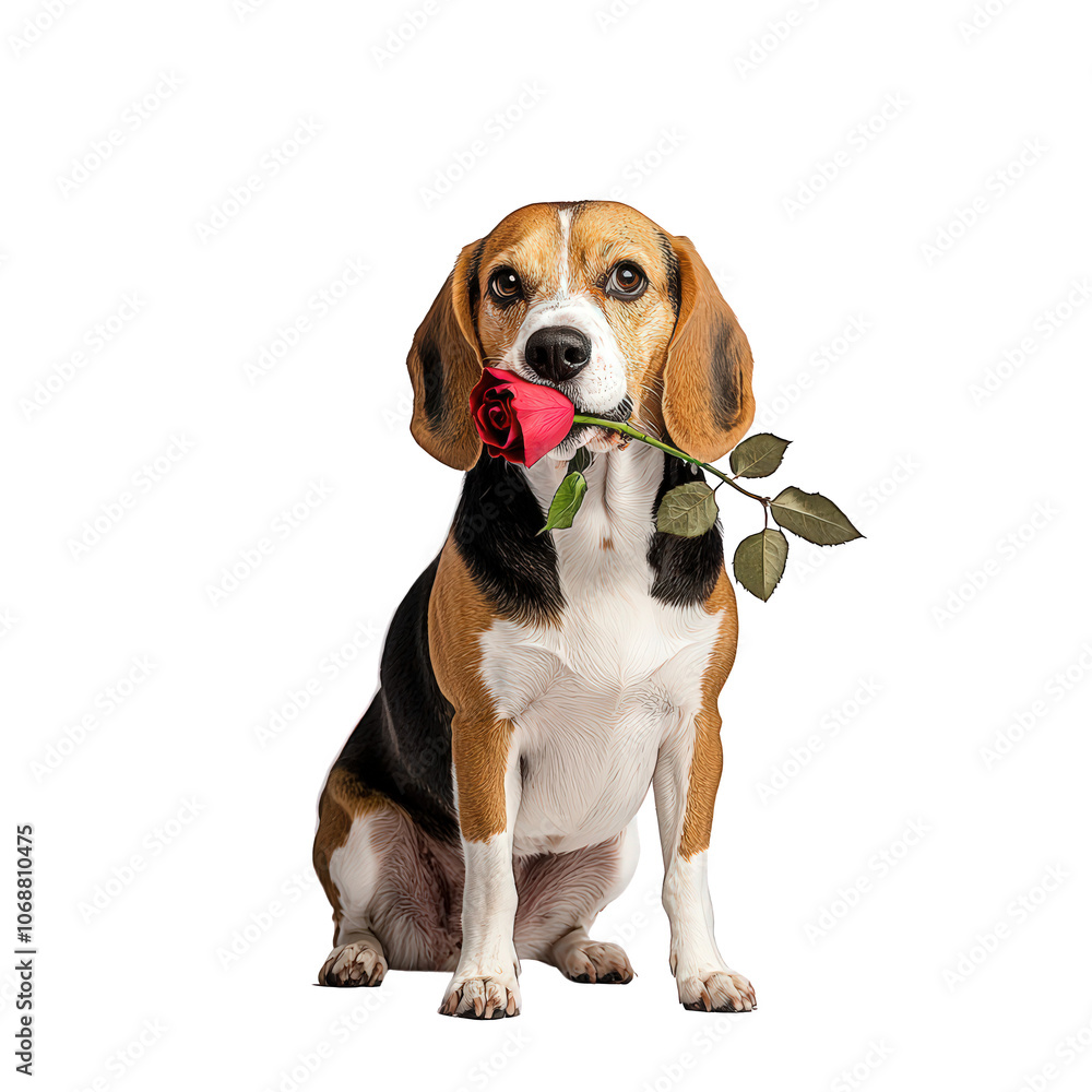 beagle dog holding red rose in its mouth, showcasing charming expression. This captures playful and affectionate nature of dogs beagle dog holding red rose in its mouth, showcasing charming expression. This captures playful and affectionate nature of dogs