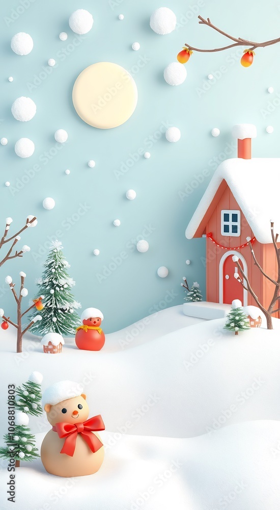 A 3D winter scene with a cute snowman, a small house, and a snow-covered tree. A 3D winter scene with a cute snowman, a small house, and a snow-covered tree.