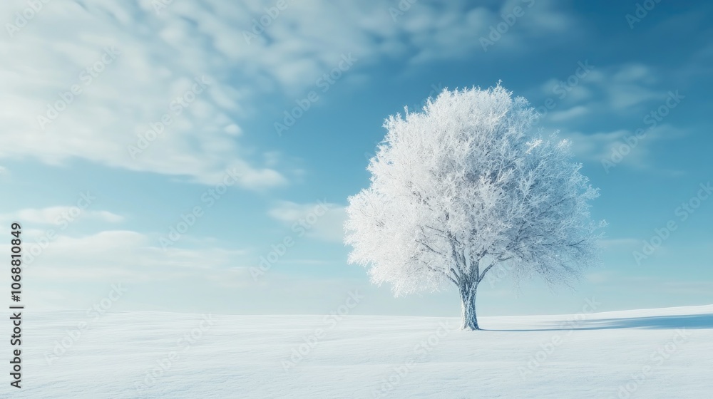 A solitary white tree without leaves blanketed in snow on a sunny winter day A solitary white tree without leaves blanketed in snow on a sunny winter day