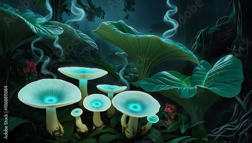 Serene Jungle Glade with Vibrant Mushrooms and Ferns photo